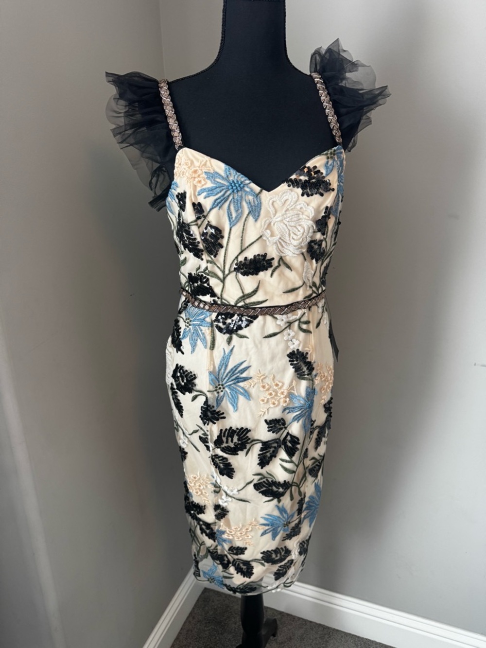 Lulu's Cream Midi Dress with Blue Floral Embroidery and Black Tulle Straps